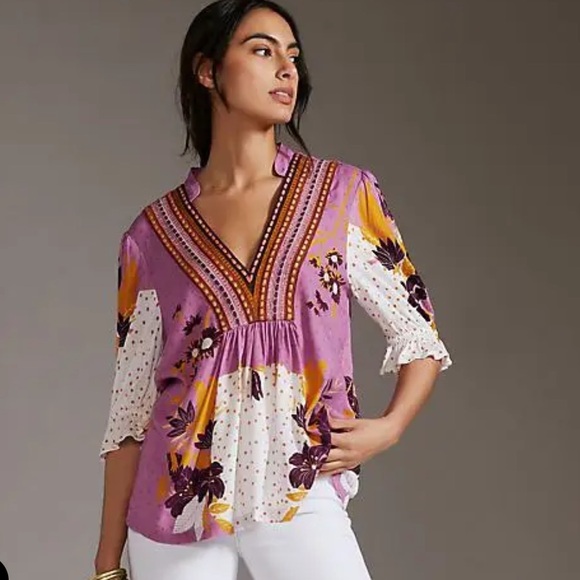 Anthropologie Bl-nk Stephanie Top Purple Floral - Picture 1 of 9